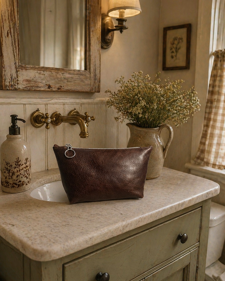 Brown Embossed Rose Makeup Bag