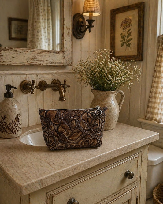 Brown Embossed Rose Makeup Bag