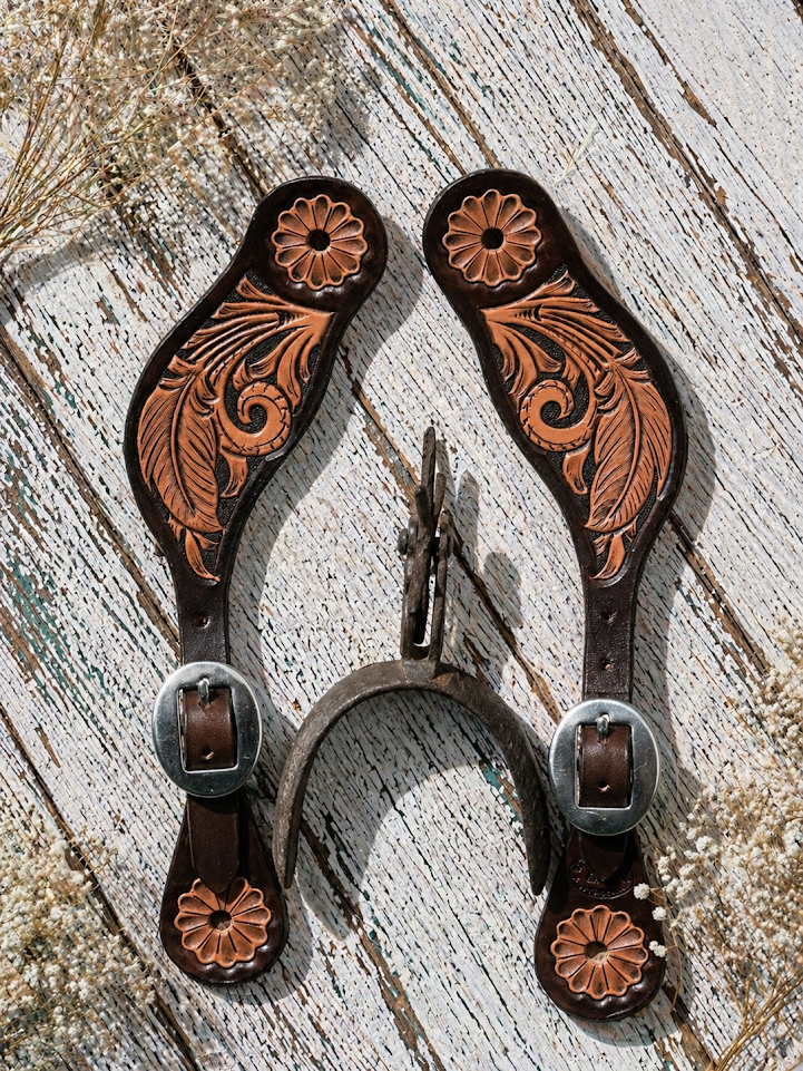 Mens Tooled Feather Spur Straps