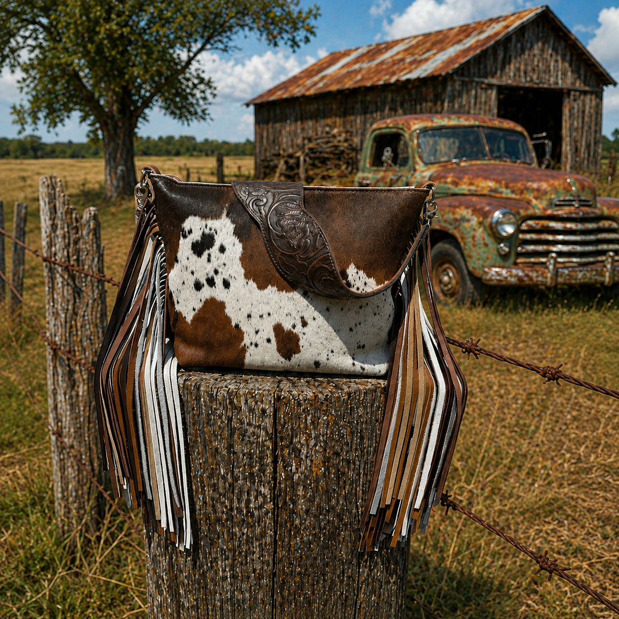 Cowhide and Fringe Lined Shoulder Bag