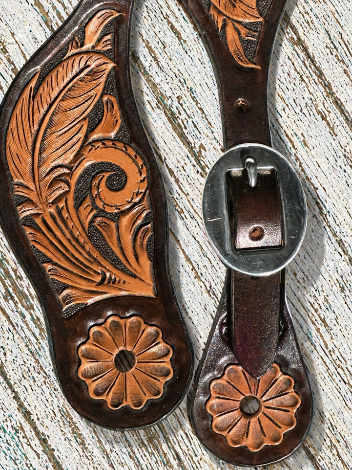 Mens Tooled Feather Spur Straps