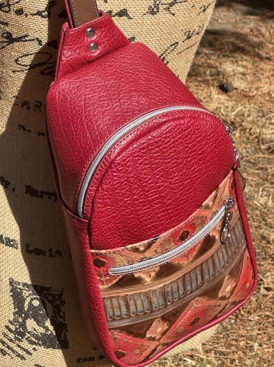 Sling Bag-Red Pebble Grain with Navajo Embossed Leather Pocket