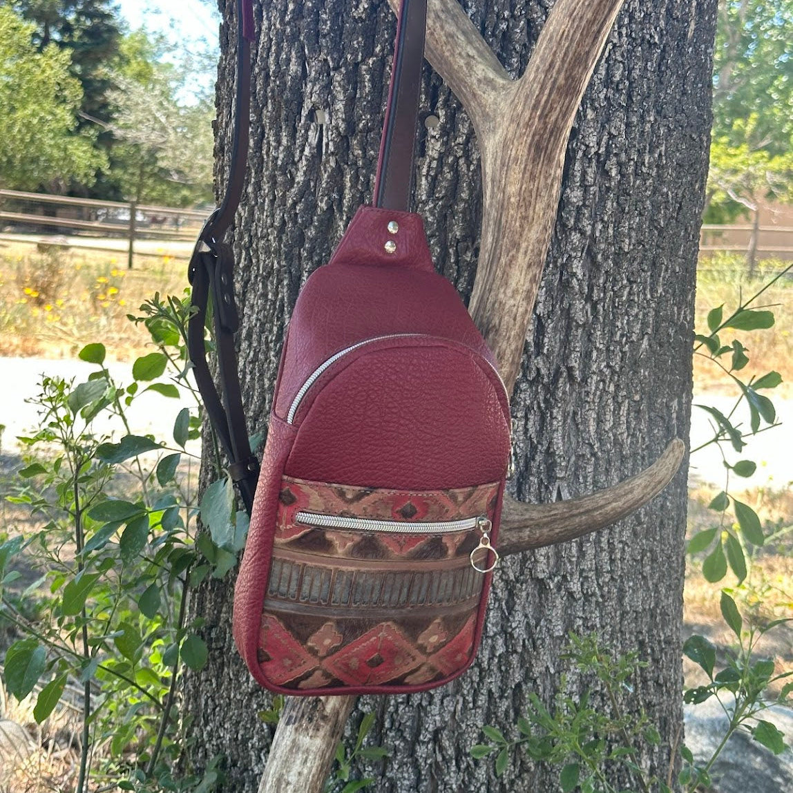 Sling Bag-Red Pebble Grain with Navajo Embossed Leather Pocket