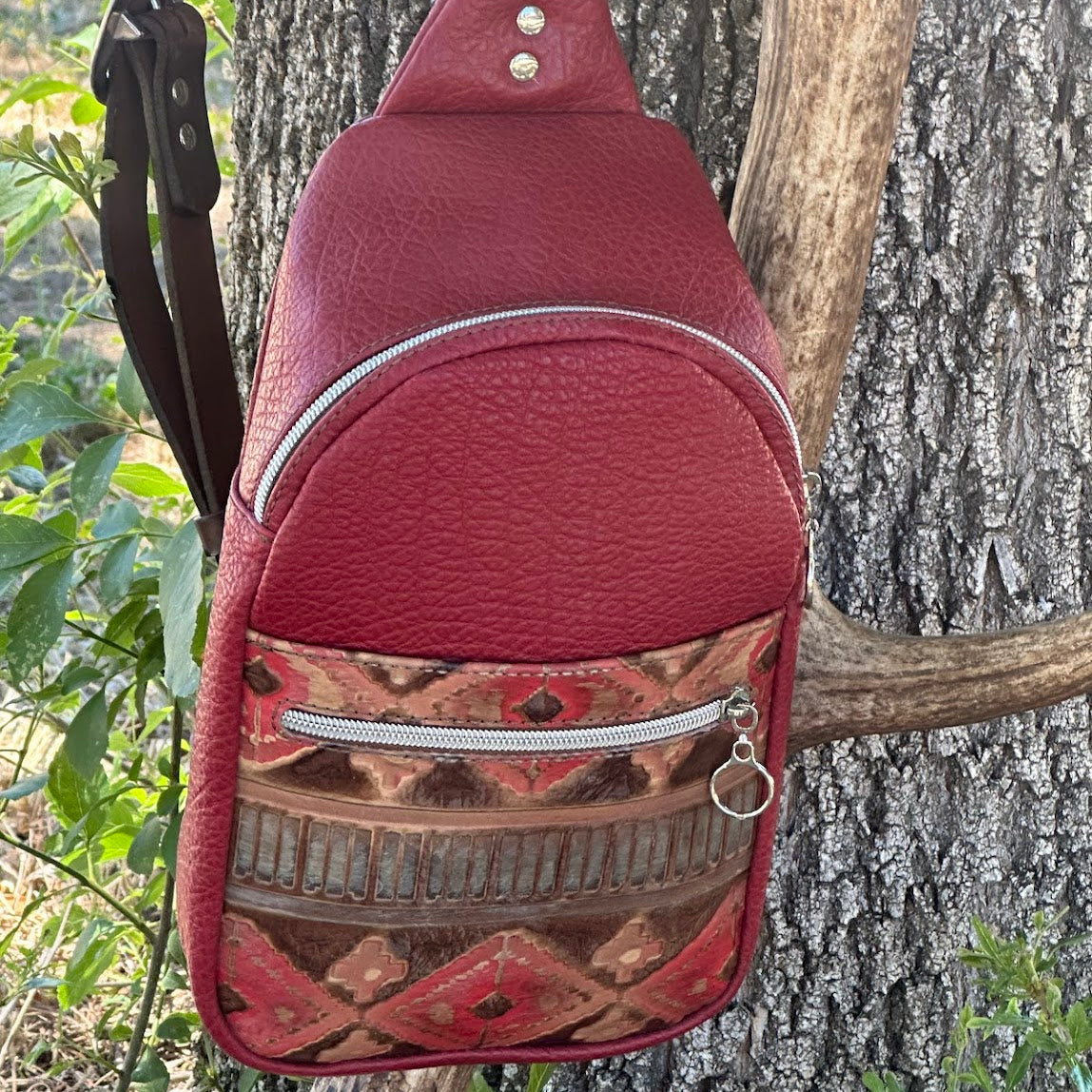 Sling Bag-Red Pebble Grain with Navajo Embossed Leather Pocket