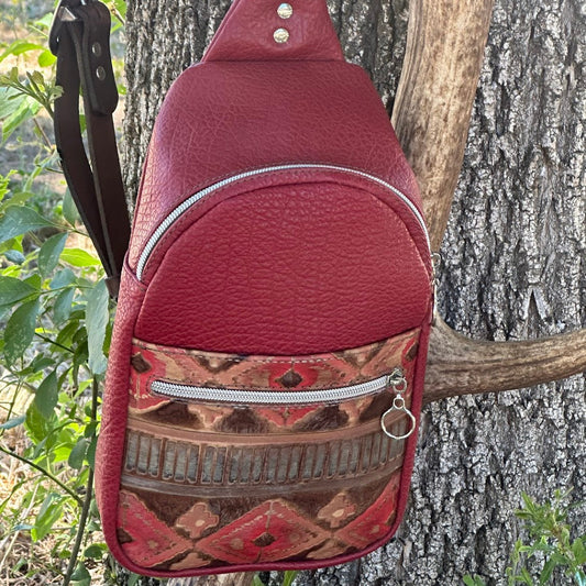 Sling Bag-Red Pebble Grain with Navajo Embossed Leather Pocket