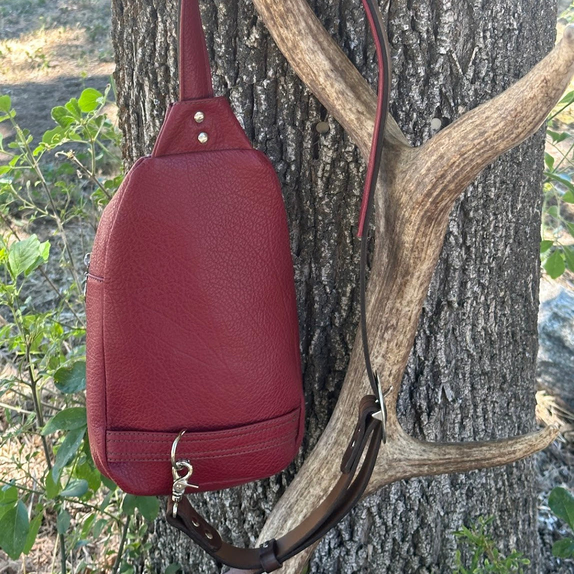 Sling Bag-Red Pebble Grain with Navajo Embossed Leather Pocket