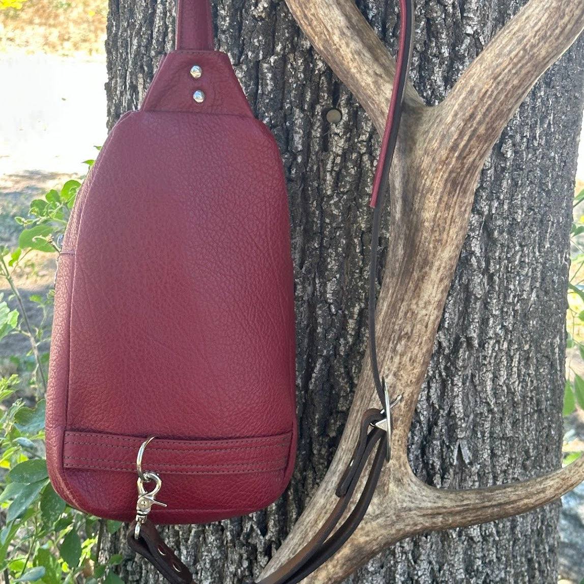 Sling Bag-Red Pebble Grain with Navajo Embossed Leather Pocket