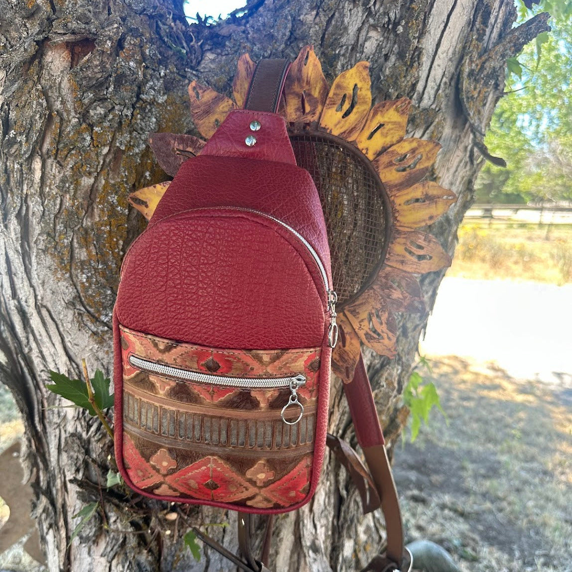 Sling Bag-Red Pebble Grain with Navajo Embossed Leather Pocket