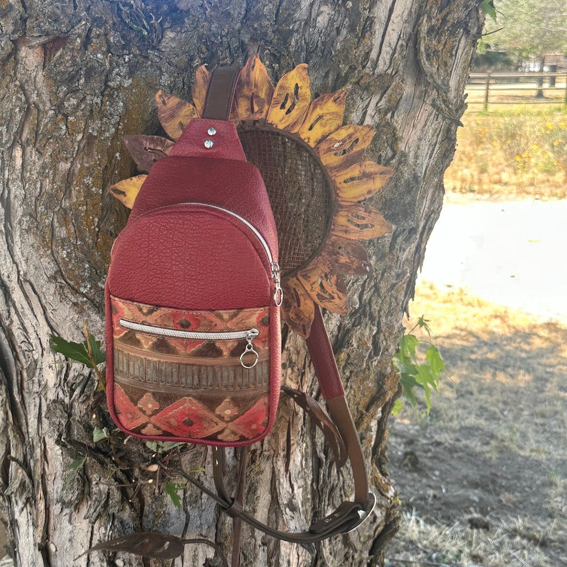 Sling Bag-Red Pebble Grain with Navajo Embossed Leather Pocket