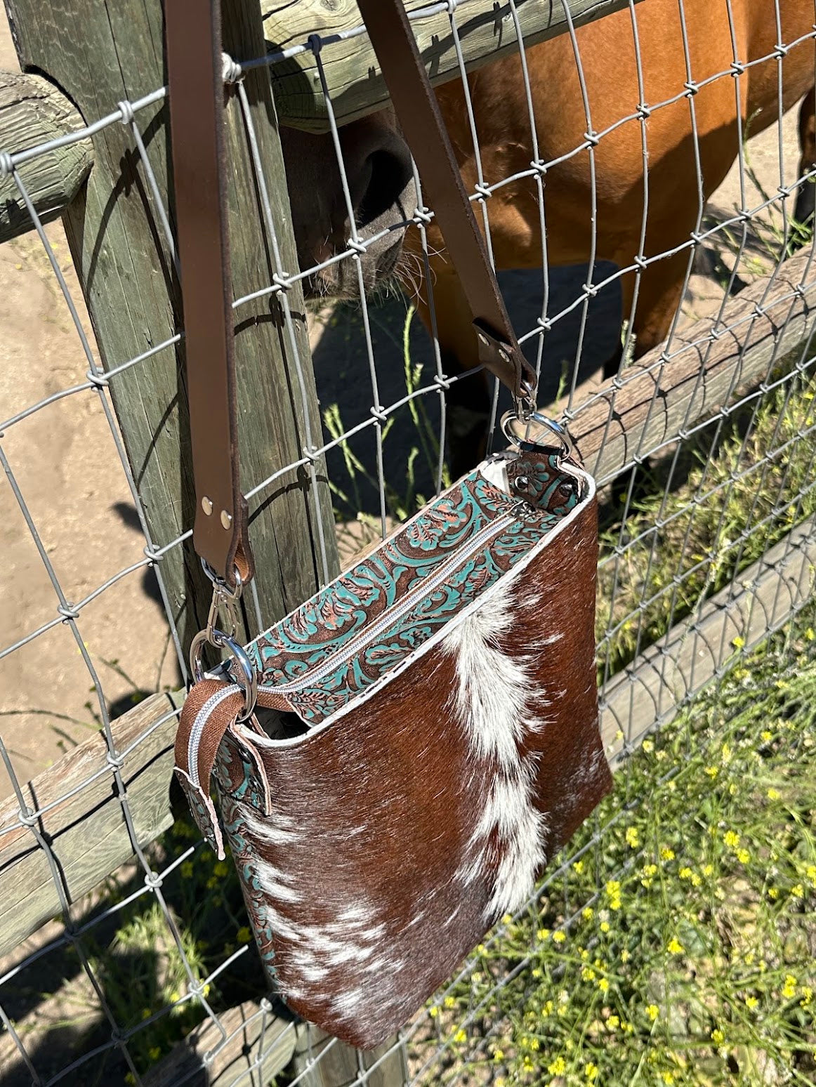 Cowhide and Embossed Leather Shoulder Bag