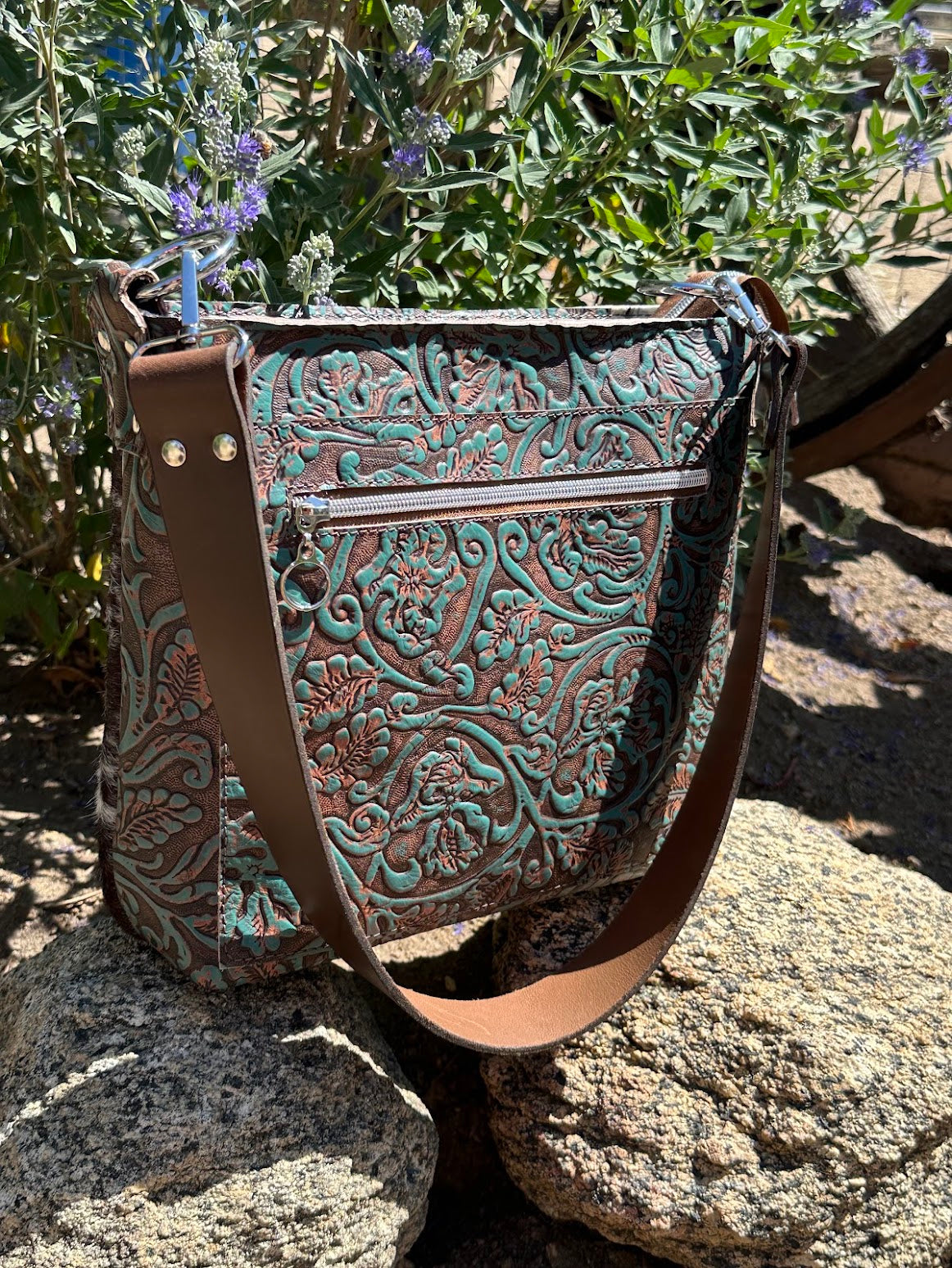 Cowhide and Embossed Leather Shoulder Bag