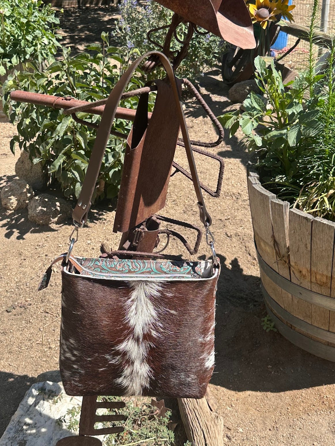 Cowhide and Embossed Leather Shoulder Bag