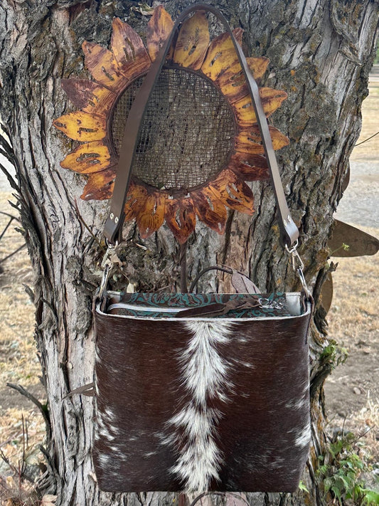 Cowhide and Embossed Leather Shoulder Bag