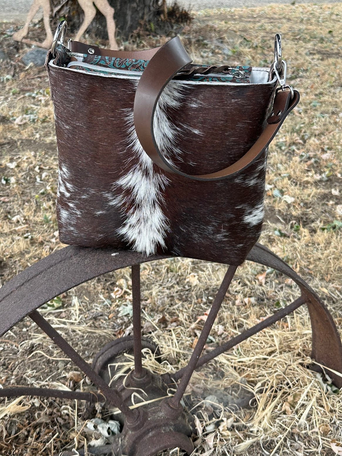 Cowhide and Embossed Leather Shoulder Bag