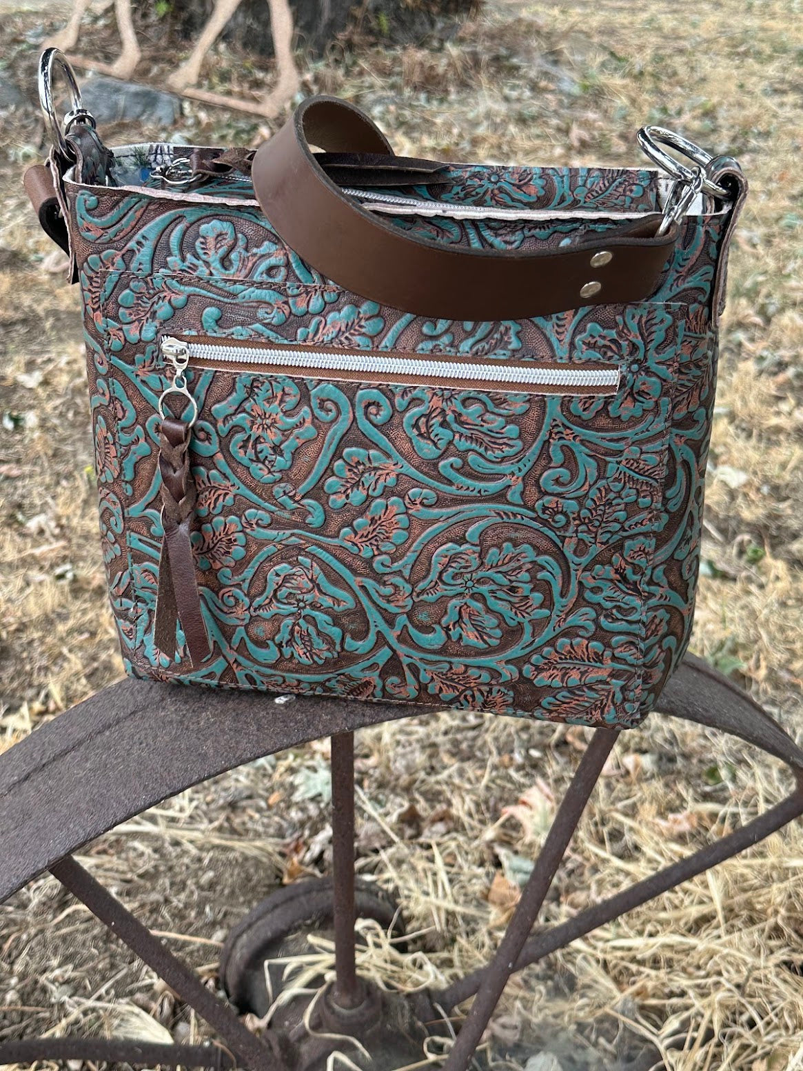 Cowhide and Embossed Leather Shoulder Bag