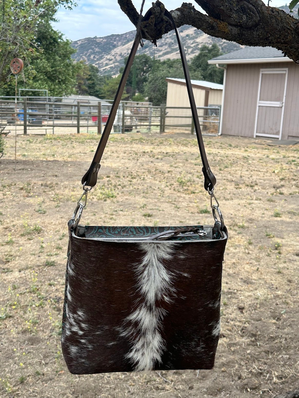 Cowhide and Embossed Leather Shoulder Bag