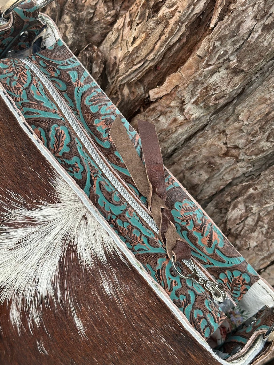 Cowhide and Embossed Leather Shoulder Bag