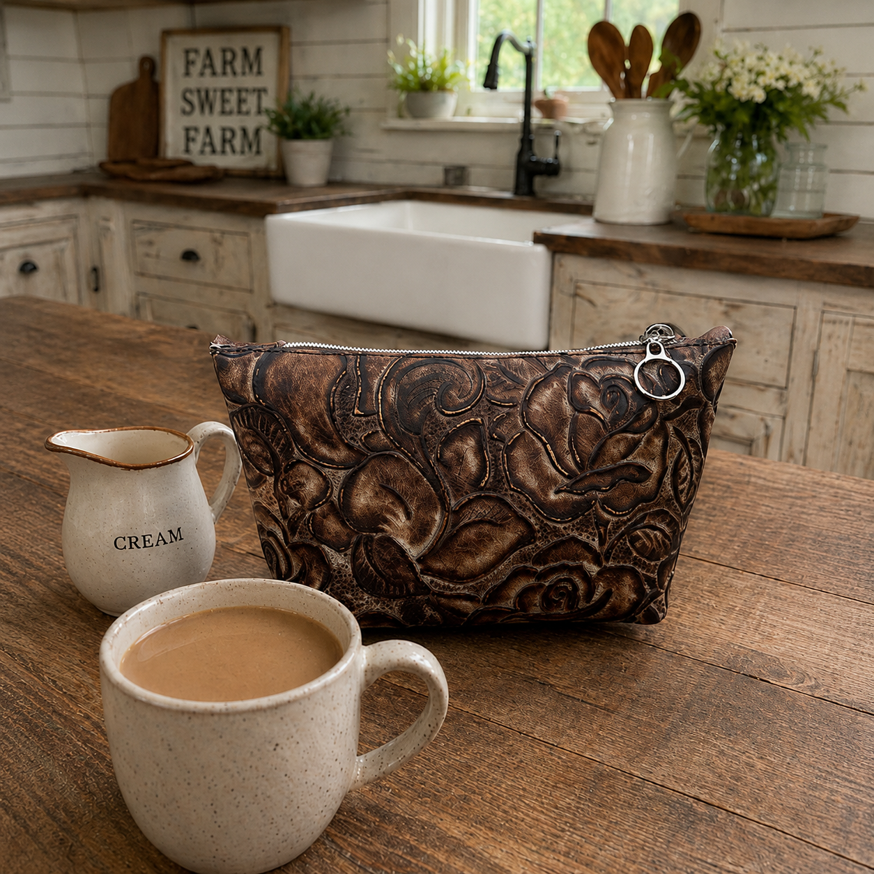 Brown Embossed Rose Makeup Bag