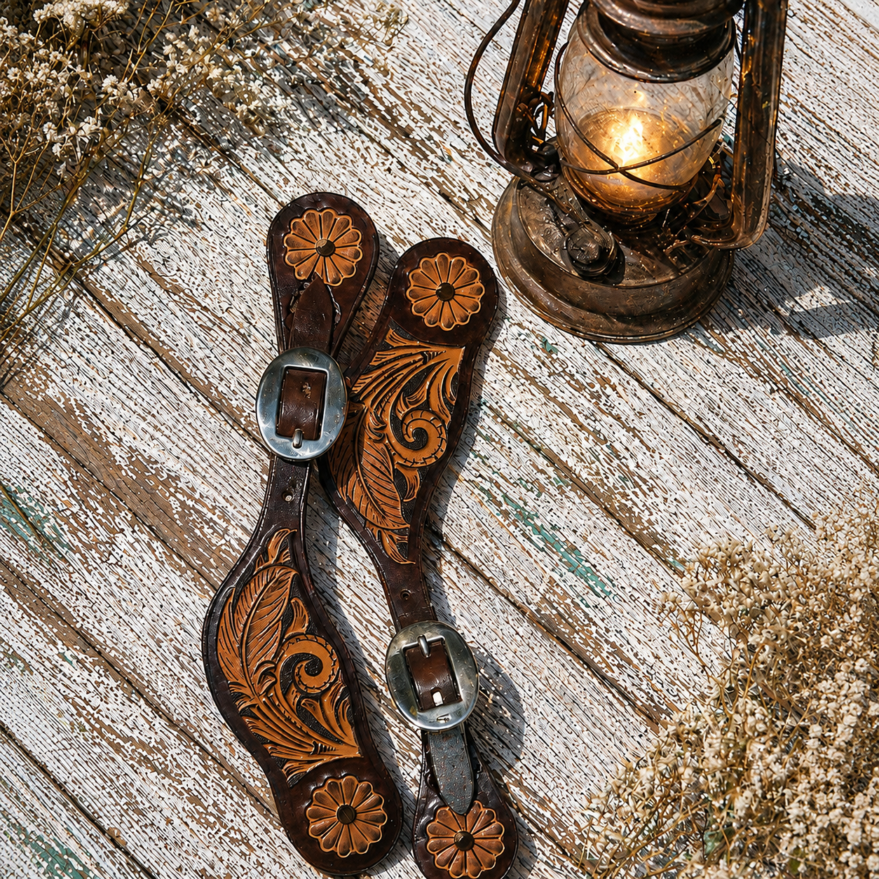 Mens Tooled Feather Spur Straps
