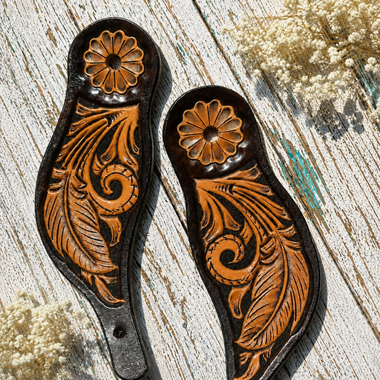 Mens Tooled Feather Spur Straps